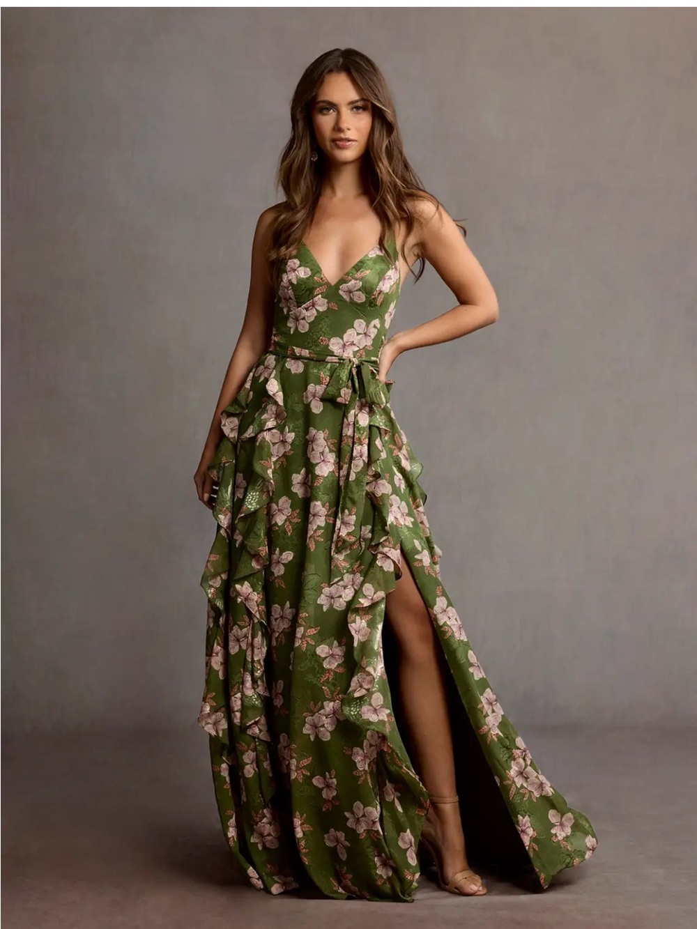 Azazie Olive Green Floral Maxi Dress with Pink Blossoms